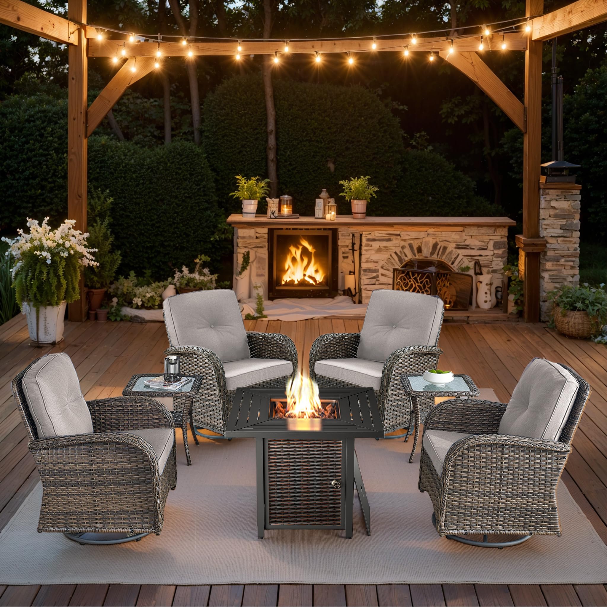 2 in 1 Porch Glider Swivel Chair - Wicker Patio Furniture Outdoor Swivel Rocker Chair with Thick Cushion, 300 Lb Weight Capacity Patio Swivel Glider Seating - Brown Wicker, Grey Cushion