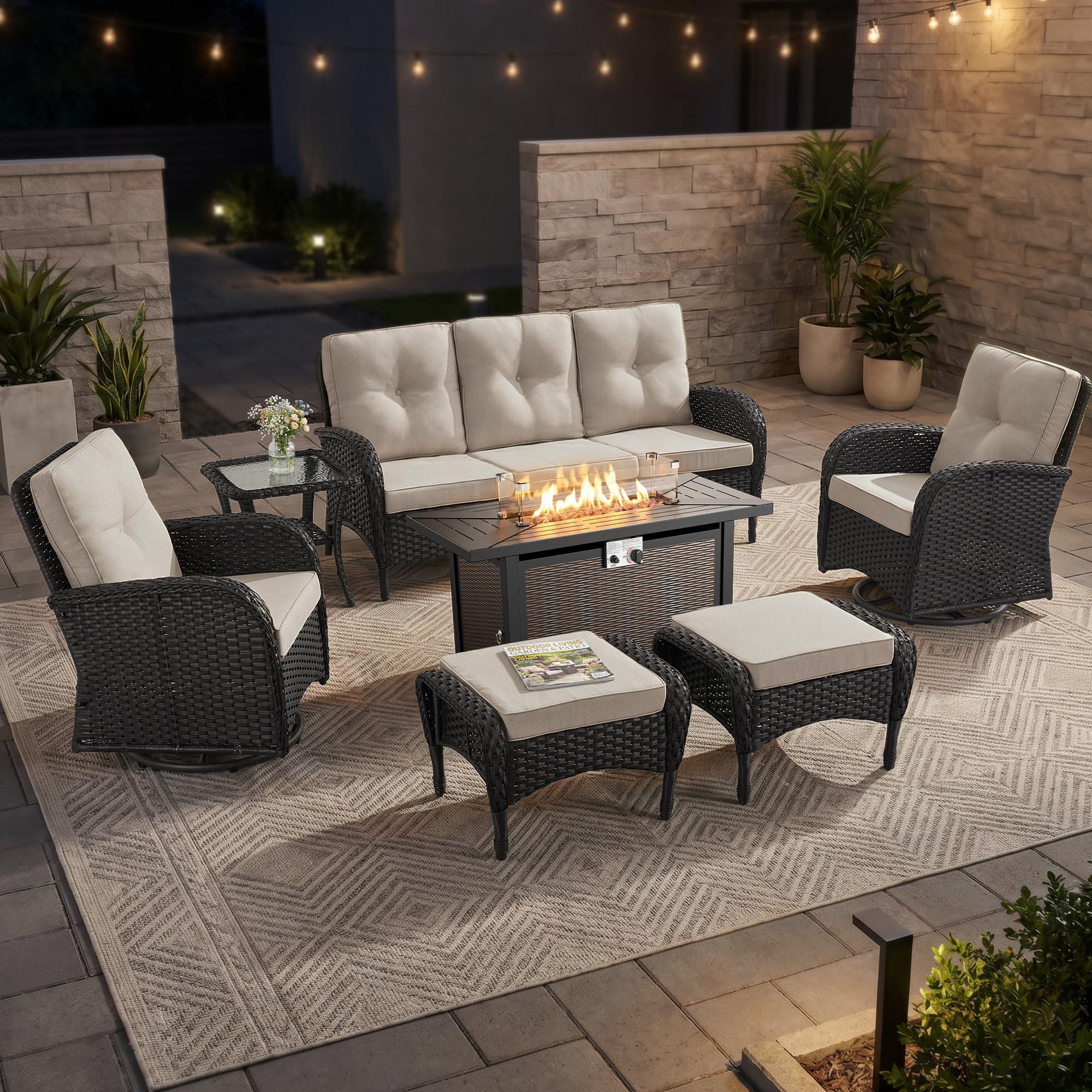 2 in 1 Porch Glider Swivel Chair - Wicker Patio Furniture Outdoor Swivel Rocker Chair with Thick Cushion, 300 Lb Weight Capacity Patio Swivel Glider Seating - Brown Wicker, Grey Cushion