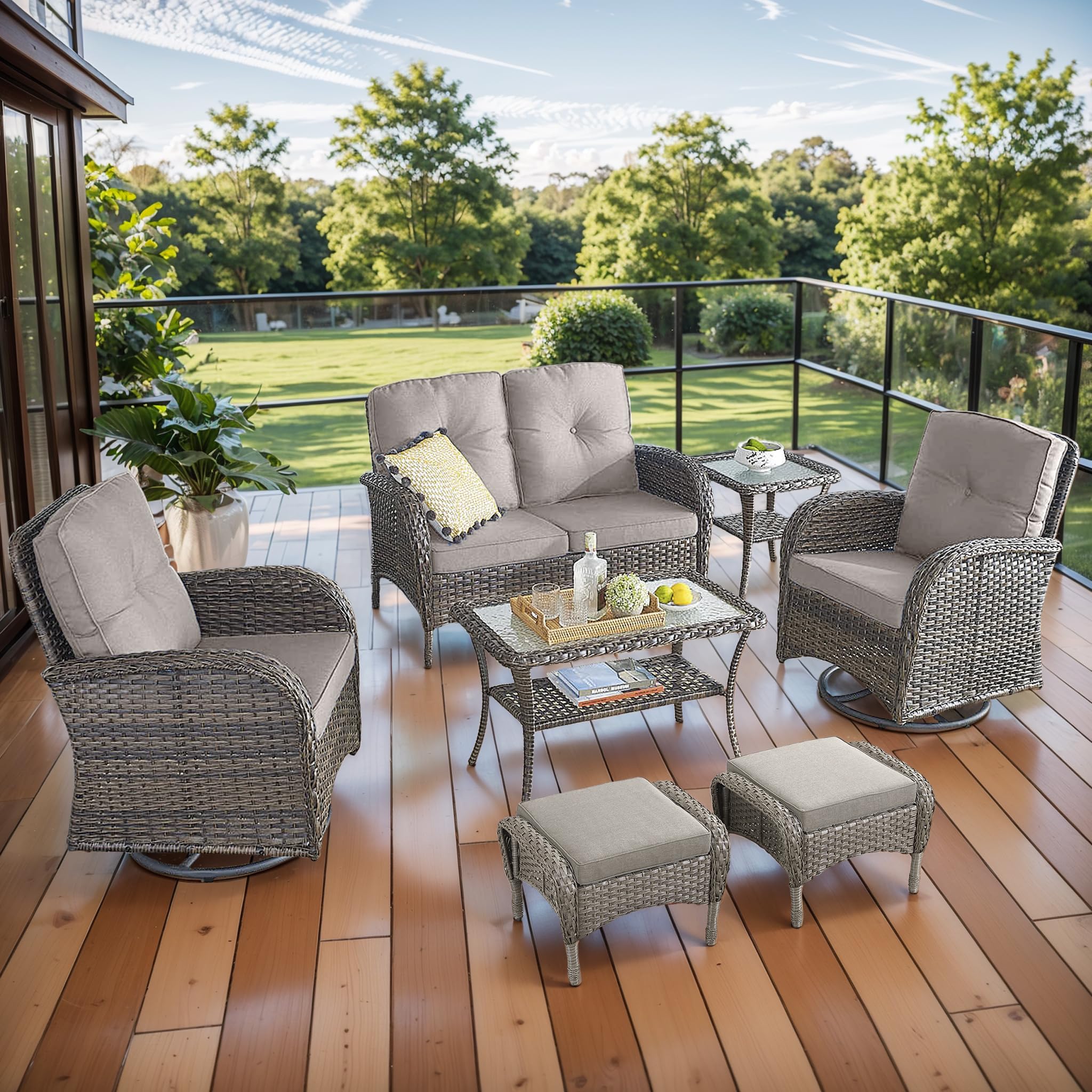 2 in 1 Porch Glider Swivel Chair - Wicker Patio Furniture Outdoor Swivel Rocker Chair with Thick Cushion, 300 Lb Weight Capacity Patio Swivel Glider Seating - Brown Wicker, Grey Cushion