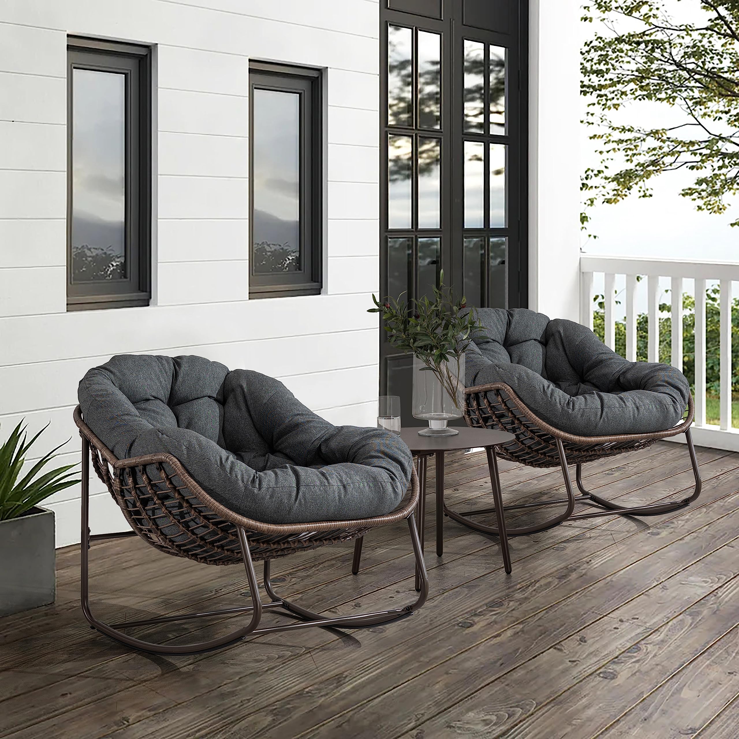Large Indoor Outdoor Rocking Chair, Oversized Rocking Papasan Chair with Thick Cushion and Frame Outdoor Rocker, Comfy Wicker Egg Chairs Lounge for Outside Porch Patio Backyard Balcony (Beige)