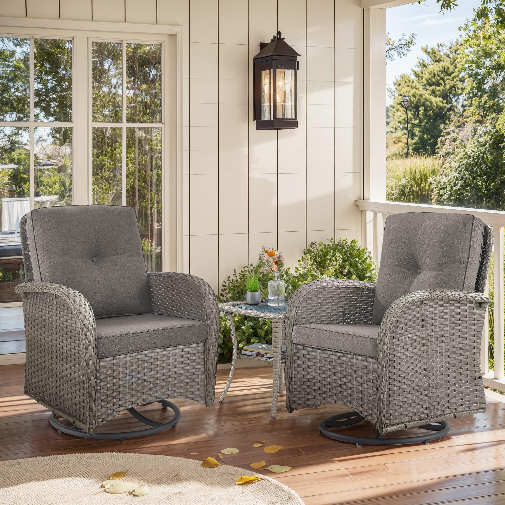 2 in 1 Porch Glider Swivel Chair - Wicker Patio Furniture Outdoor Swivel Rocker Chair with Thick Cushion, 300 Lb Weight Capacity Patio Swivel Glider Seating - Brown Wicker, Grey Cushion