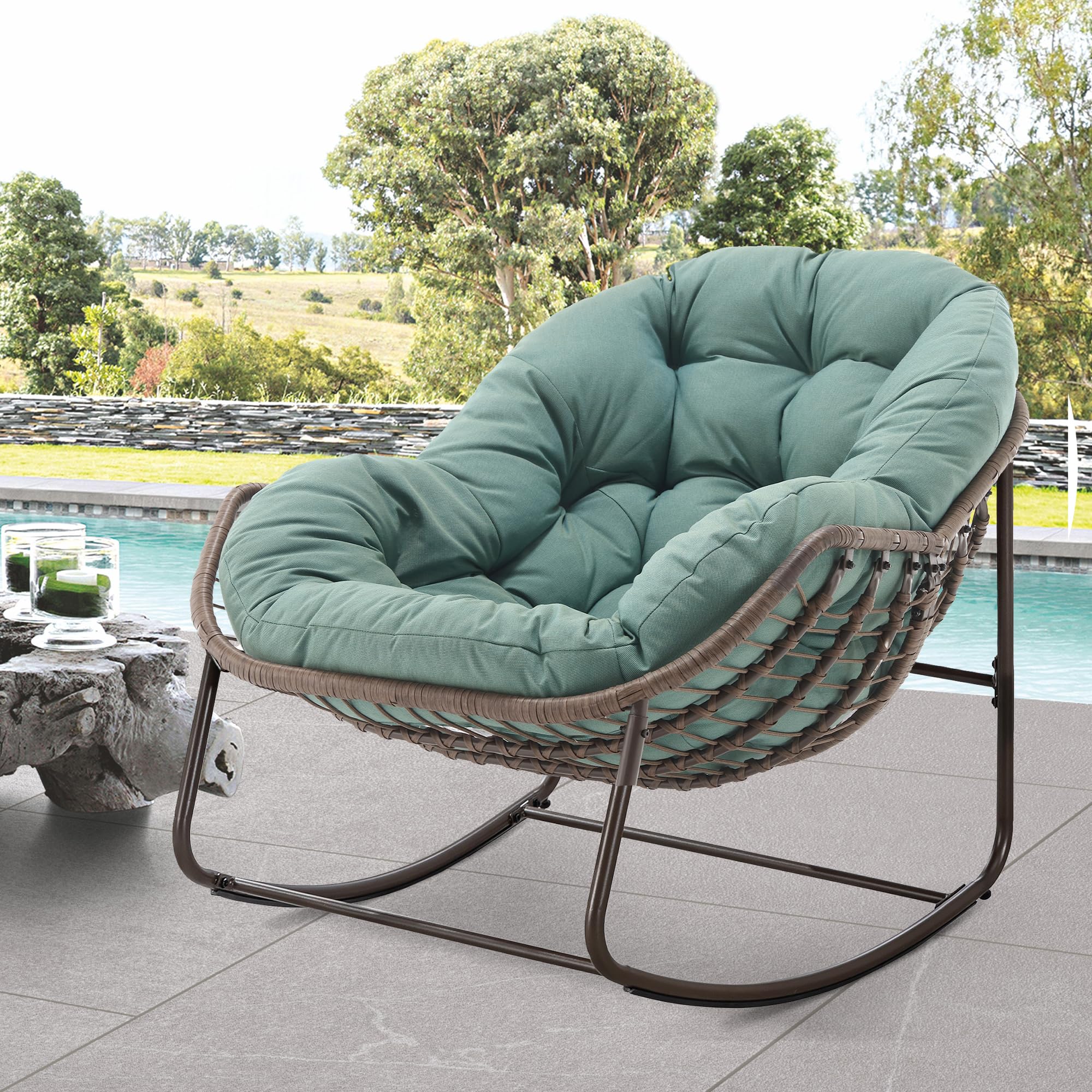 Oversized Papasan Rocking Chair - Outdoor Luxury Comfy Patio Chair, Indoor Egg Royal Rattan Rocking Chair with Strip Velvet Cushion for Front Porch Lounge Lawn Bedroom Living Room (Navy)