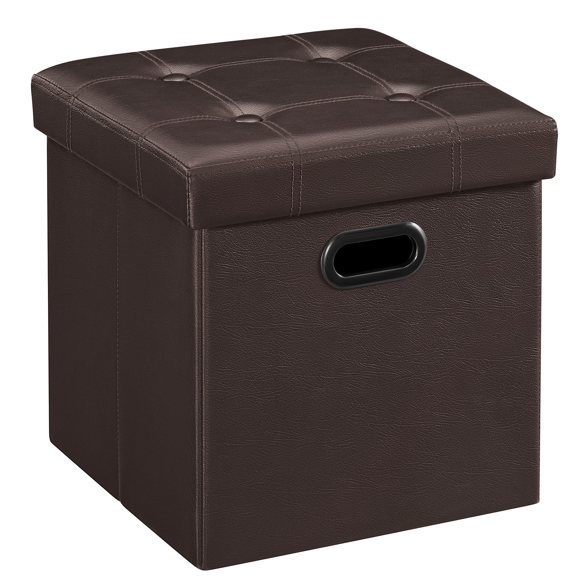 SONGMICS Mazie Collection - 15 Inches Ottoman with Storage, Footstool, Storage Ottoman with Metal Handles, Load 660 lb, for Dorm, Living Room, Bedroom, Synthetic Leather, Coffee Brown ULSF030K01