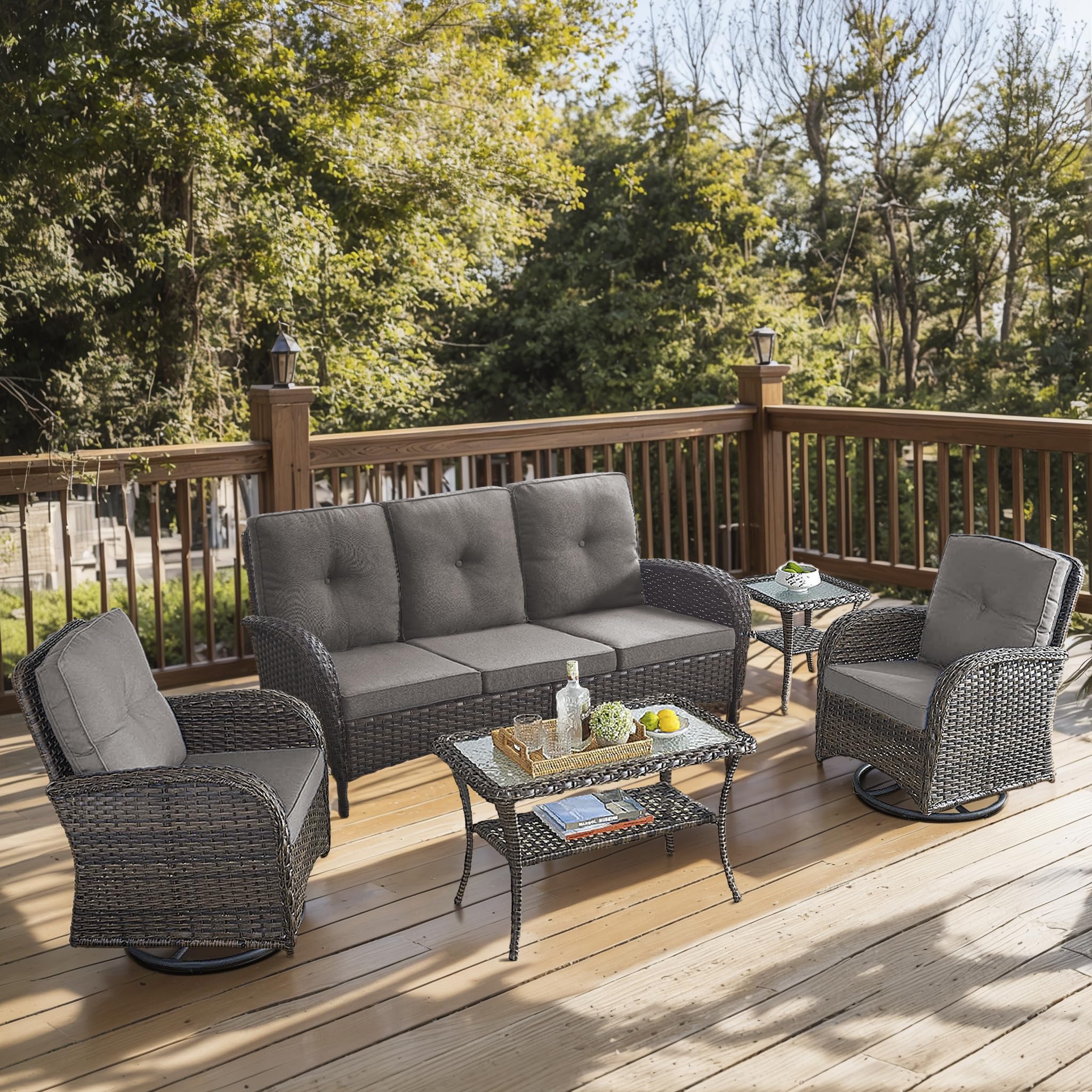 2 in 1 Porch Glider Swivel Chair - Wicker Patio Furniture Outdoor Swivel Rocker Chair with Thick Cushion, 300 Lb Weight Capacity Patio Swivel Glider Seating - Brown Wicker, Grey Cushion