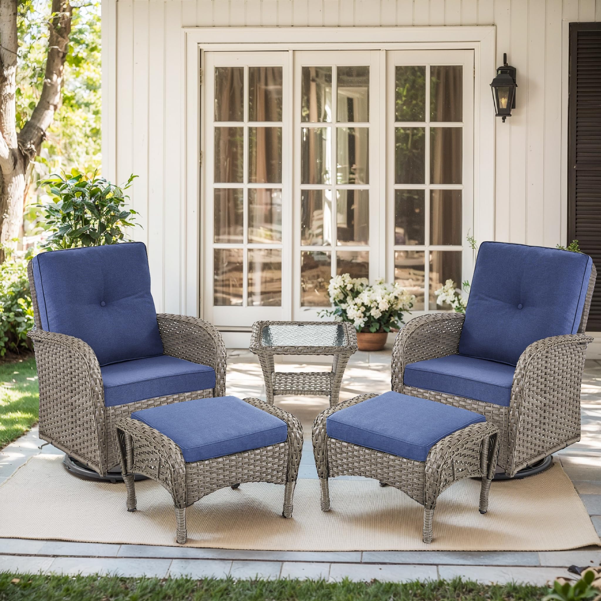 2 in 1 Porch Glider Swivel Chair - Wicker Patio Furniture Outdoor Swivel Rocker Chair with Thick Cushion, 300 Lb Weight Capacity Patio Swivel Glider Seating - Brown Wicker, Grey Cushion