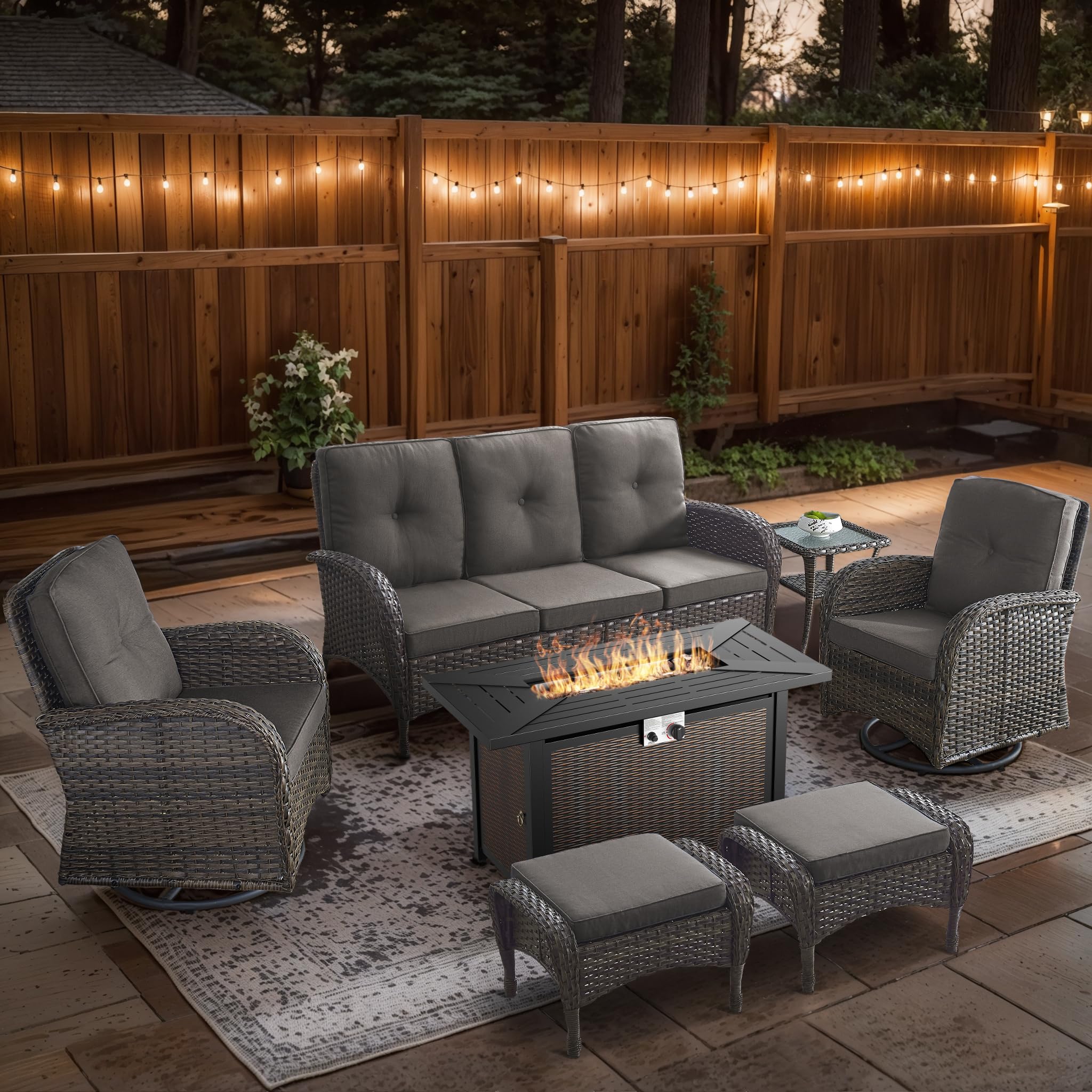 2 in 1 Porch Glider Swivel Chair - Wicker Patio Furniture Outdoor Swivel Rocker Chair with Thick Cushion, 300 Lb Weight Capacity Patio Swivel Glider Seating - Brown Wicker, Grey Cushion