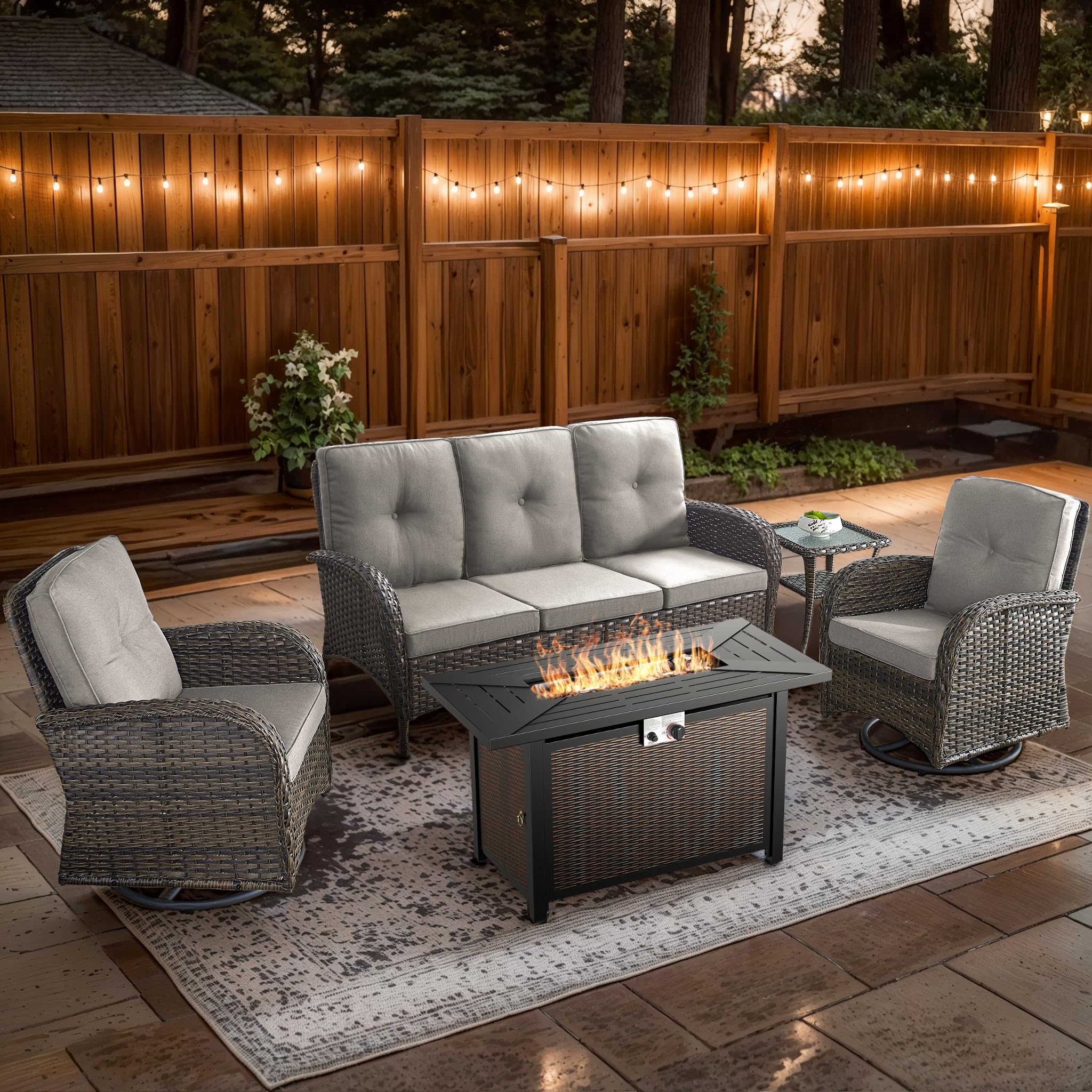 2 in 1 Porch Glider Swivel Chair - Wicker Patio Furniture Outdoor Swivel Rocker Chair with Thick Cushion, 300 Lb Weight Capacity Patio Swivel Glider Seating - Brown Wicker, Grey Cushion