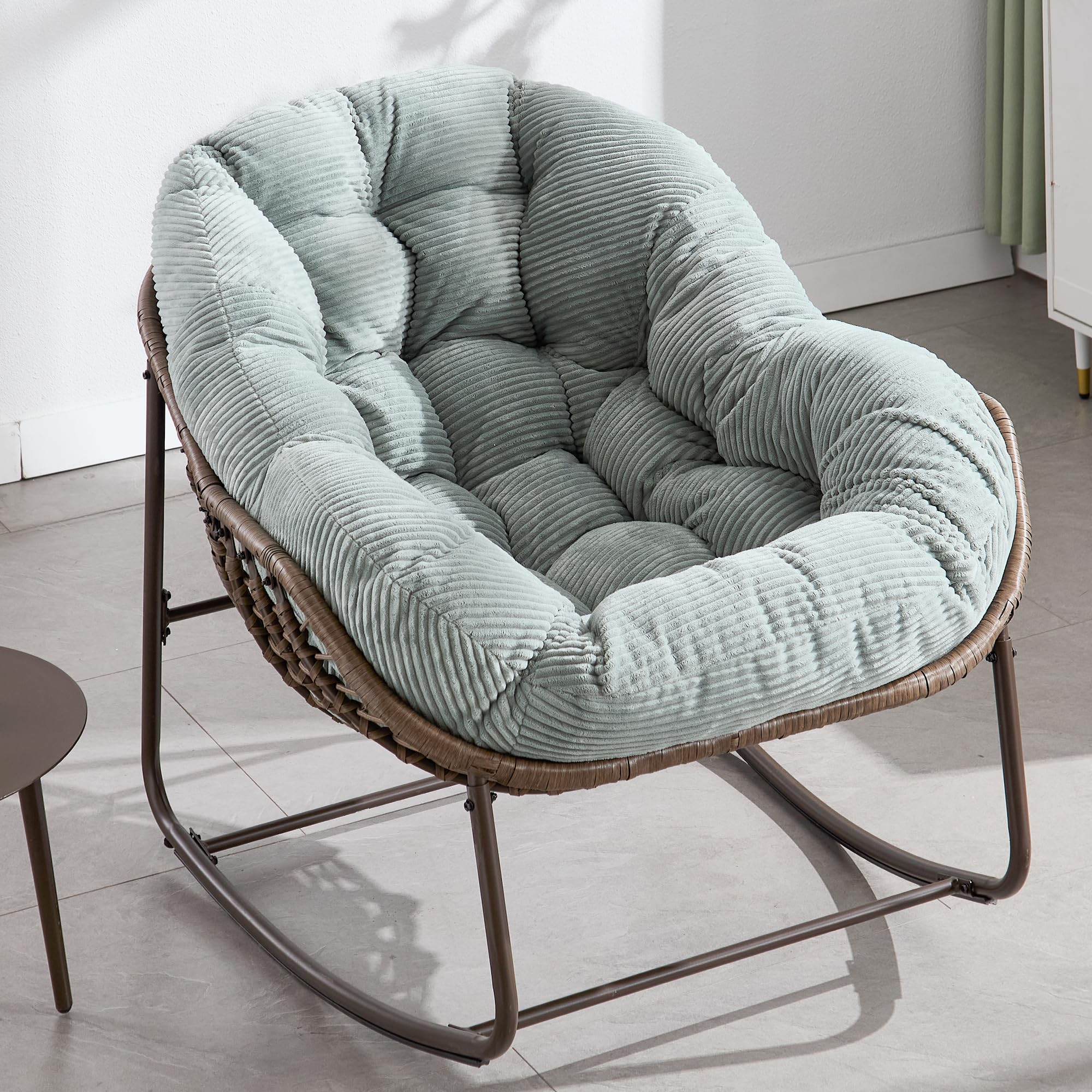 Oversized Papasan Rocking Chair - Outdoor Luxury Comfy Patio Chair, Indoor Egg Royal Rattan Rocking Chair with Strip Velvet Cushion for Front Porch Lounge Lawn Bedroom Living Room (Navy)