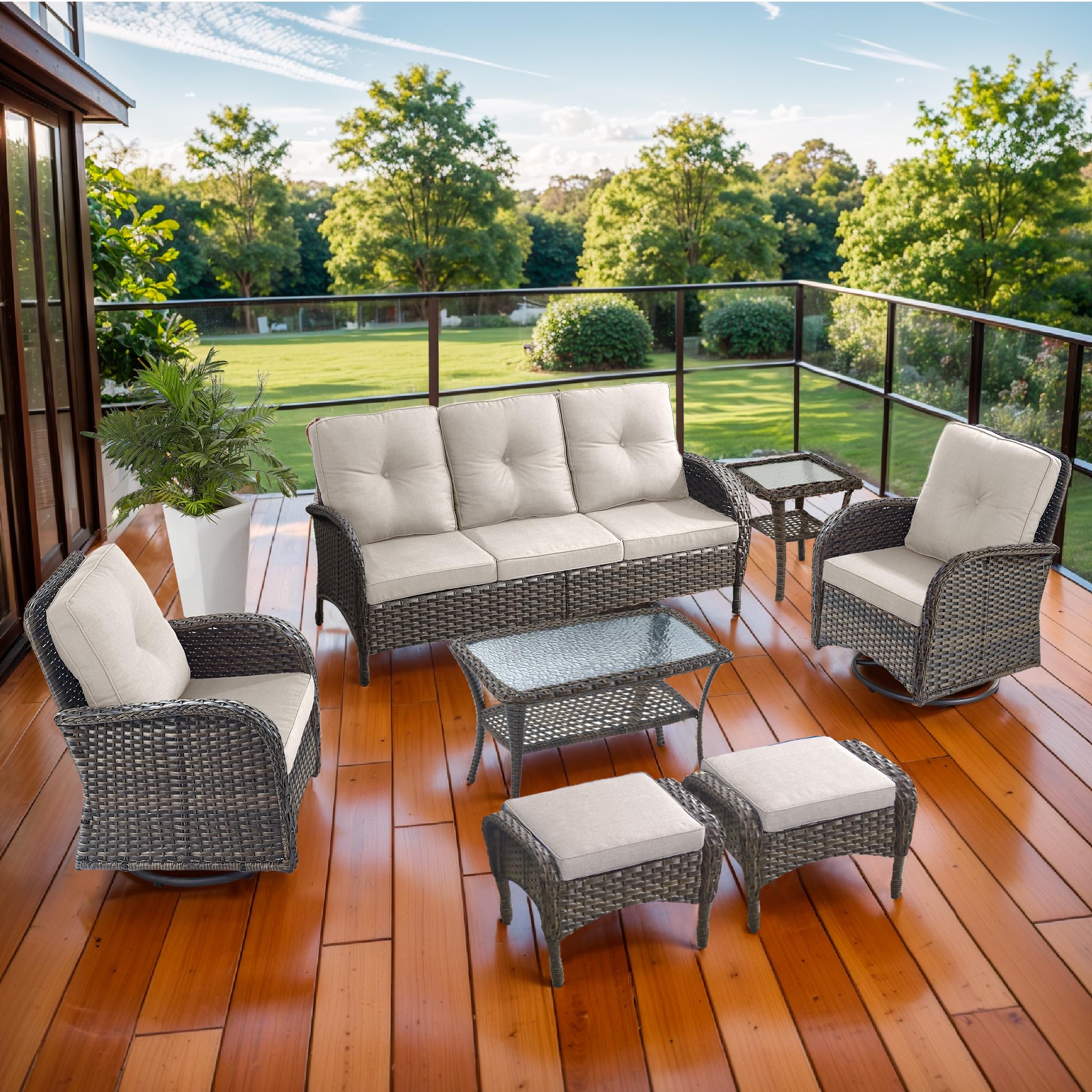 2 in 1 Porch Glider Swivel Chair - Wicker Patio Furniture Outdoor Swivel Rocker Chair with Thick Cushion, 300 Lb Weight Capacity Patio Swivel Glider Seating - Brown Wicker, Grey Cushion