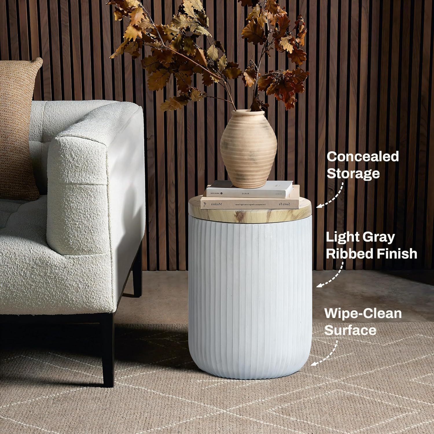 LuxenHome 18" Outdoor Side Table with Storage, Cement Patio End Table with Wood Finish Lid, Accent Table for Patio, Porch, Poolside, Backyard, Outside, Indoor, Garden Stool, Drum, Plant Stand