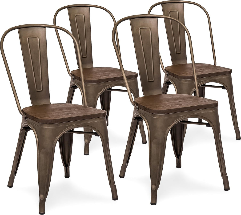 Best Choice Products Set of 4 Industrial Distressed Metal Bistro Dining Side Chairs w/Wooden Seat, Copper Bronze