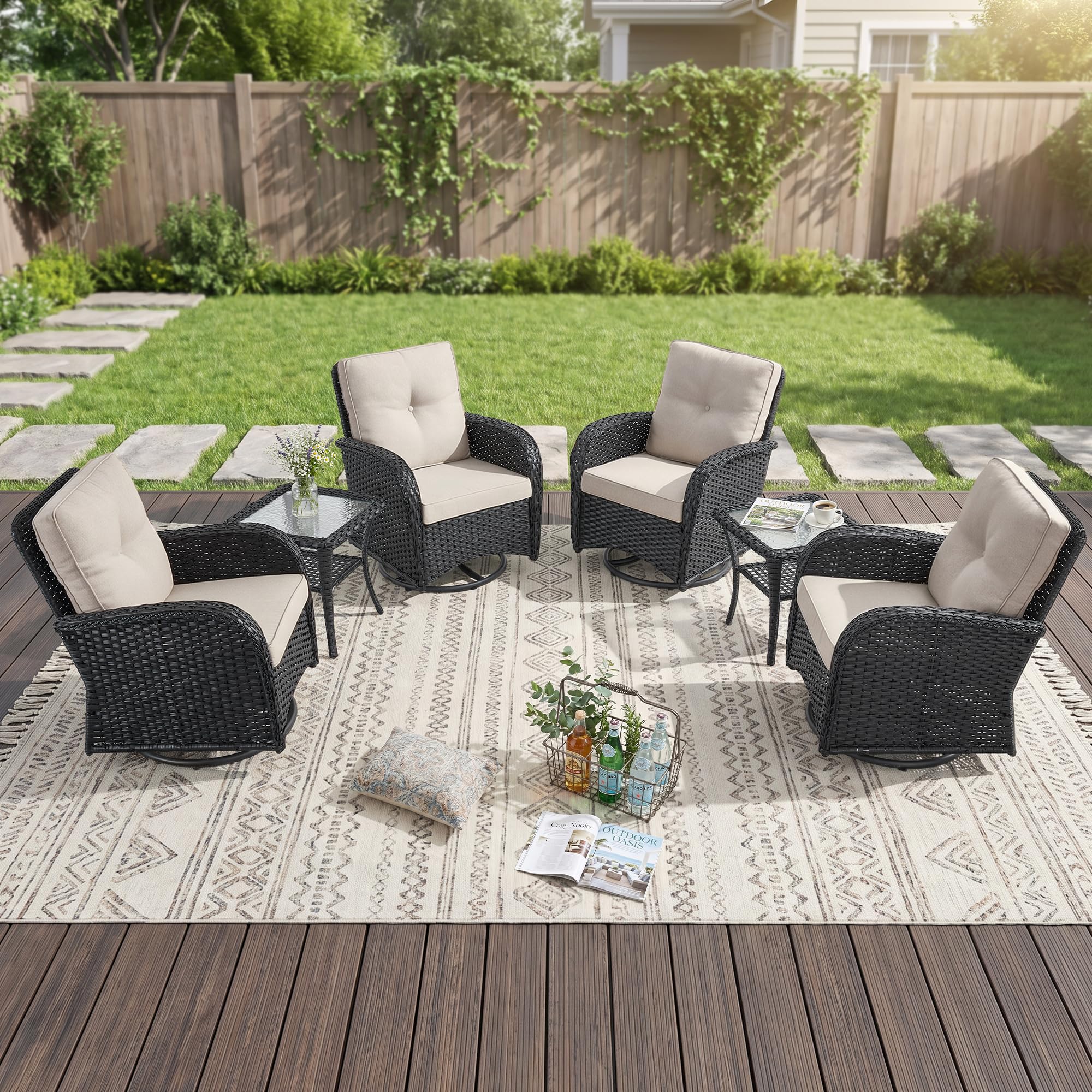 2 in 1 Porch Glider Swivel Chair - Wicker Patio Furniture Outdoor Swivel Rocker Chair with Thick Cushion, 300 Lb Weight Capacity Patio Swivel Glider Seating - Brown Wicker, Grey Cushion