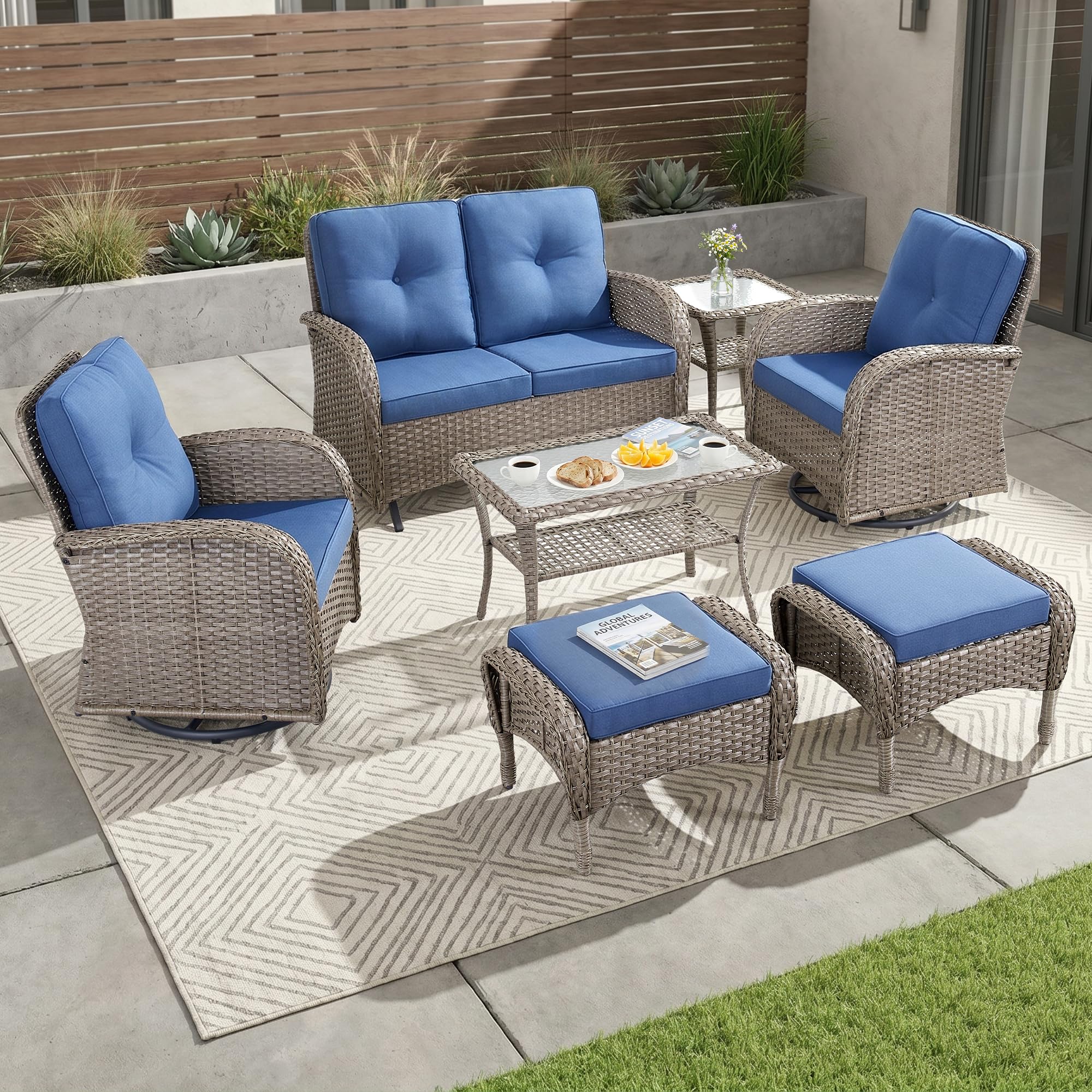 2 in 1 Porch Glider Swivel Chair - Wicker Patio Furniture Outdoor Swivel Rocker Chair with Thick Cushion, 300 Lb Weight Capacity Patio Swivel Glider Seating - Brown Wicker, Grey Cushion