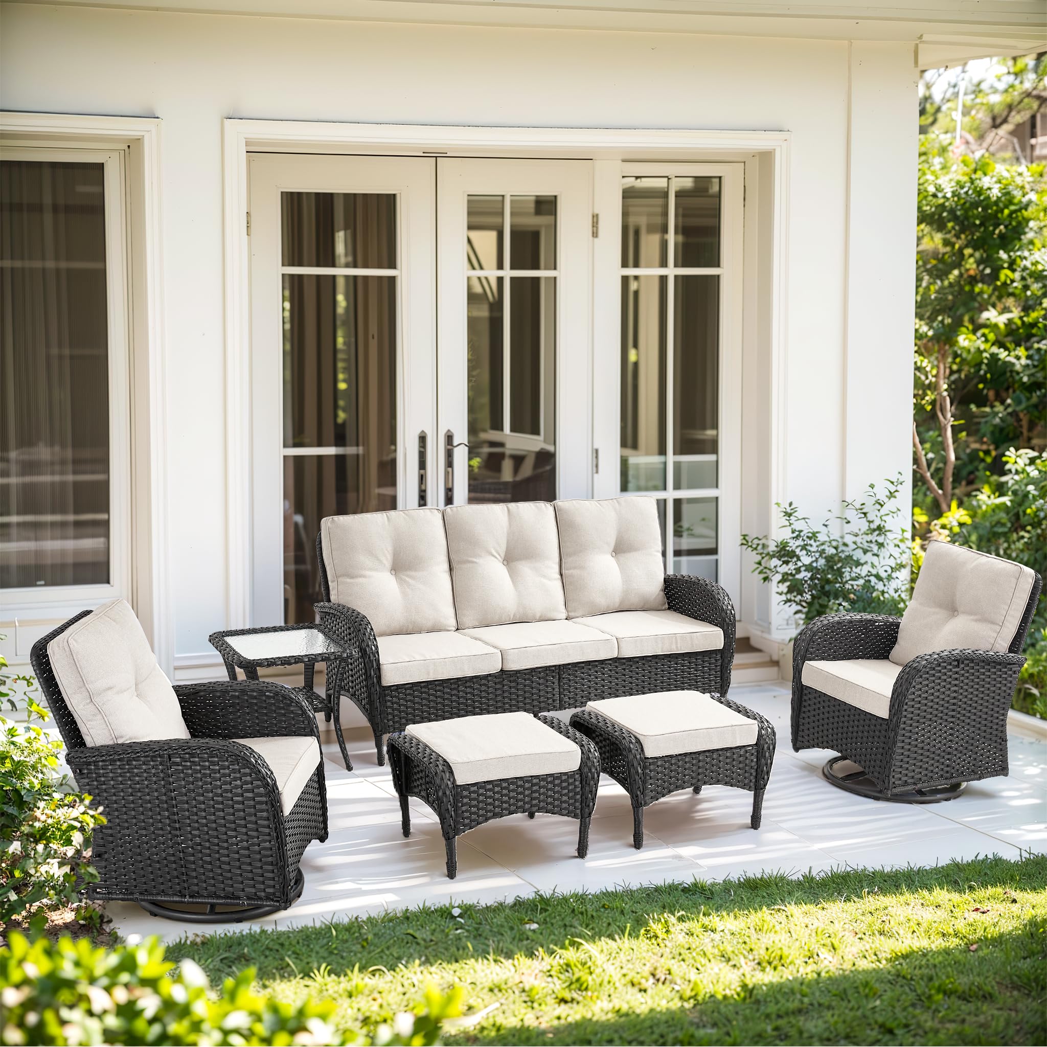 2 in 1 Porch Glider Swivel Chair - Wicker Patio Furniture Outdoor Swivel Rocker Chair with Thick Cushion, 300 Lb Weight Capacity Patio Swivel Glider Seating - Brown Wicker, Grey Cushion