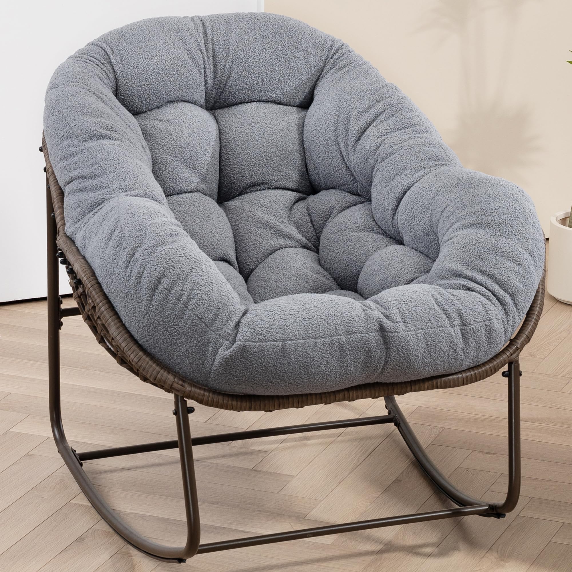 Oversized Papasan Rocking Chair - Outdoor Luxury Comfy Patio Chair, Indoor Egg Royal Rattan Rocking Chair with Strip Velvet Cushion for Front Porch Lounge Lawn Bedroom Living Room (Navy)