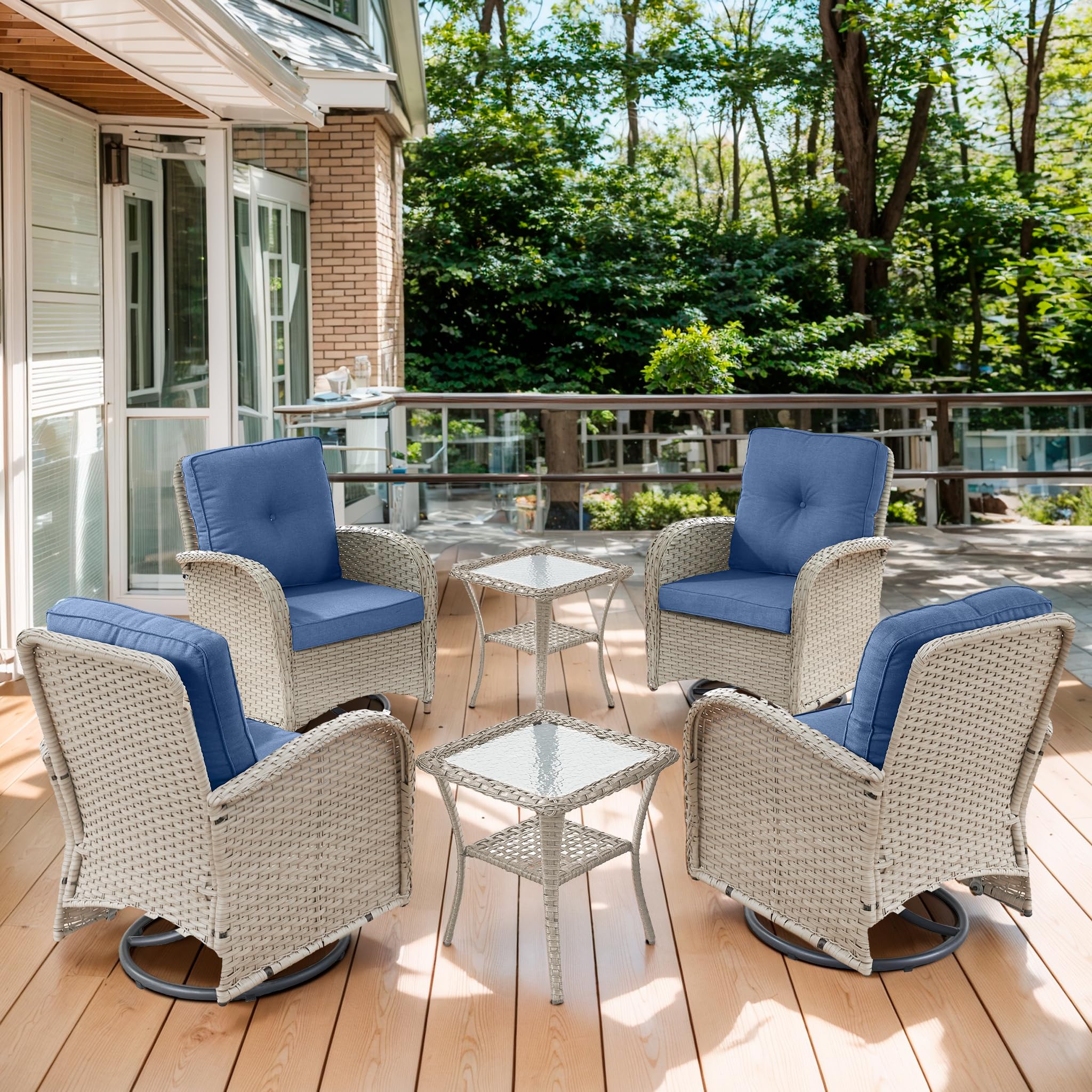 2 in 1 Porch Glider Swivel Chair - Wicker Patio Furniture Outdoor Swivel Rocker Chair with Thick Cushion, 300 Lb Weight Capacity Patio Swivel Glider Seating - Brown Wicker, Grey Cushion