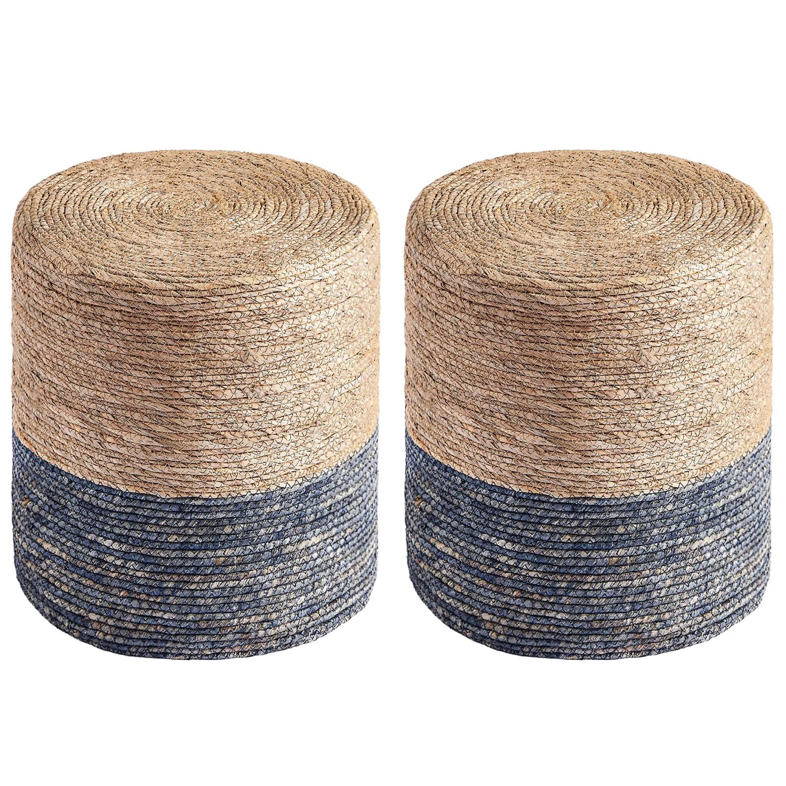 Wimarsbon Natural Seagrass Foot Stool, Hand Weaving Round Ottoman, for Living Room, Outdoor Seat (Natural & Blue)
