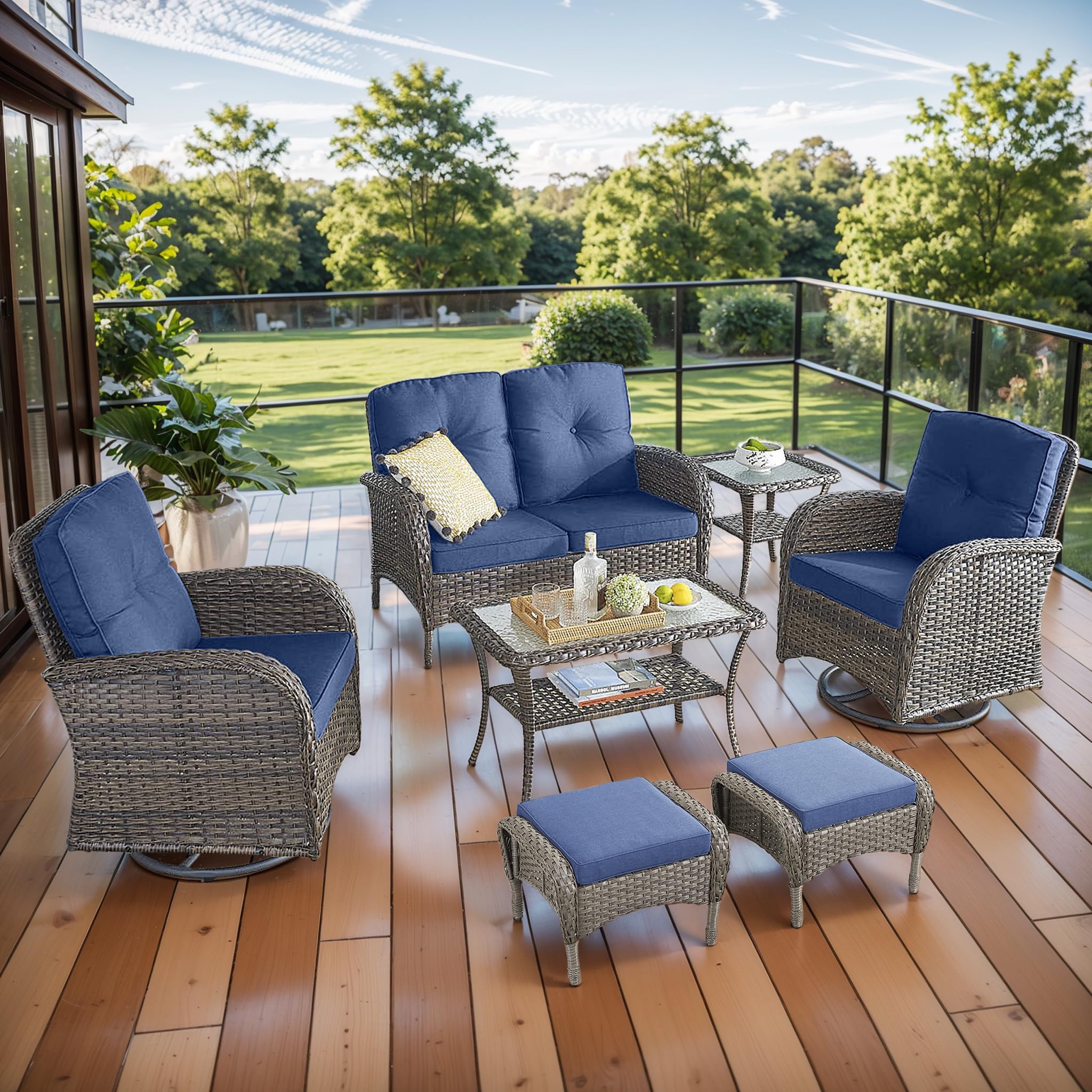 2 in 1 Porch Glider Swivel Chair - Wicker Patio Furniture Outdoor Swivel Rocker Chair with Thick Cushion, 300 Lb Weight Capacity Patio Swivel Glider Seating - Brown Wicker, Grey Cushion