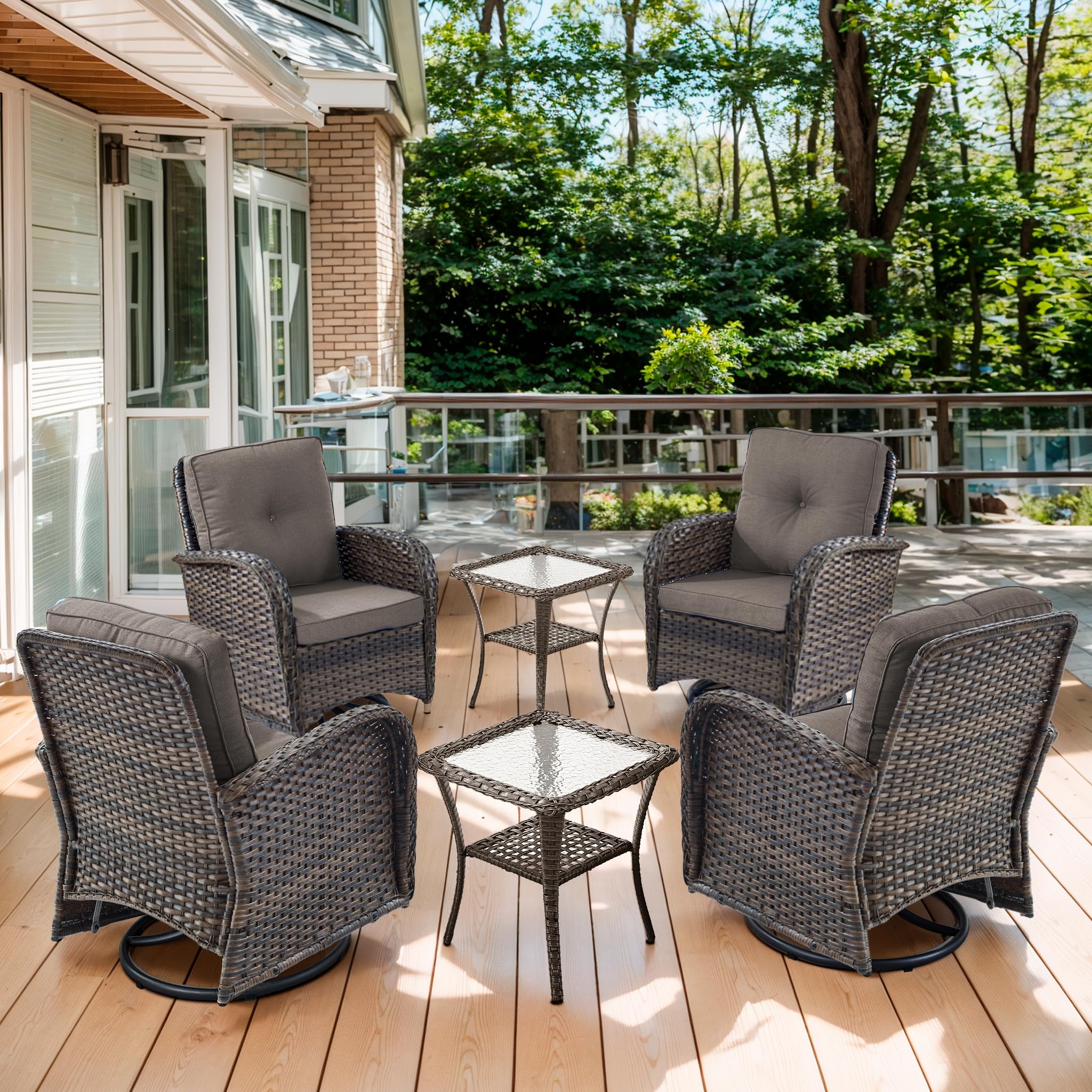 2 in 1 Porch Glider Swivel Chair - Wicker Patio Furniture Outdoor Swivel Rocker Chair with Thick Cushion, 300 Lb Weight Capacity Patio Swivel Glider Seating - Brown Wicker, Grey Cushion