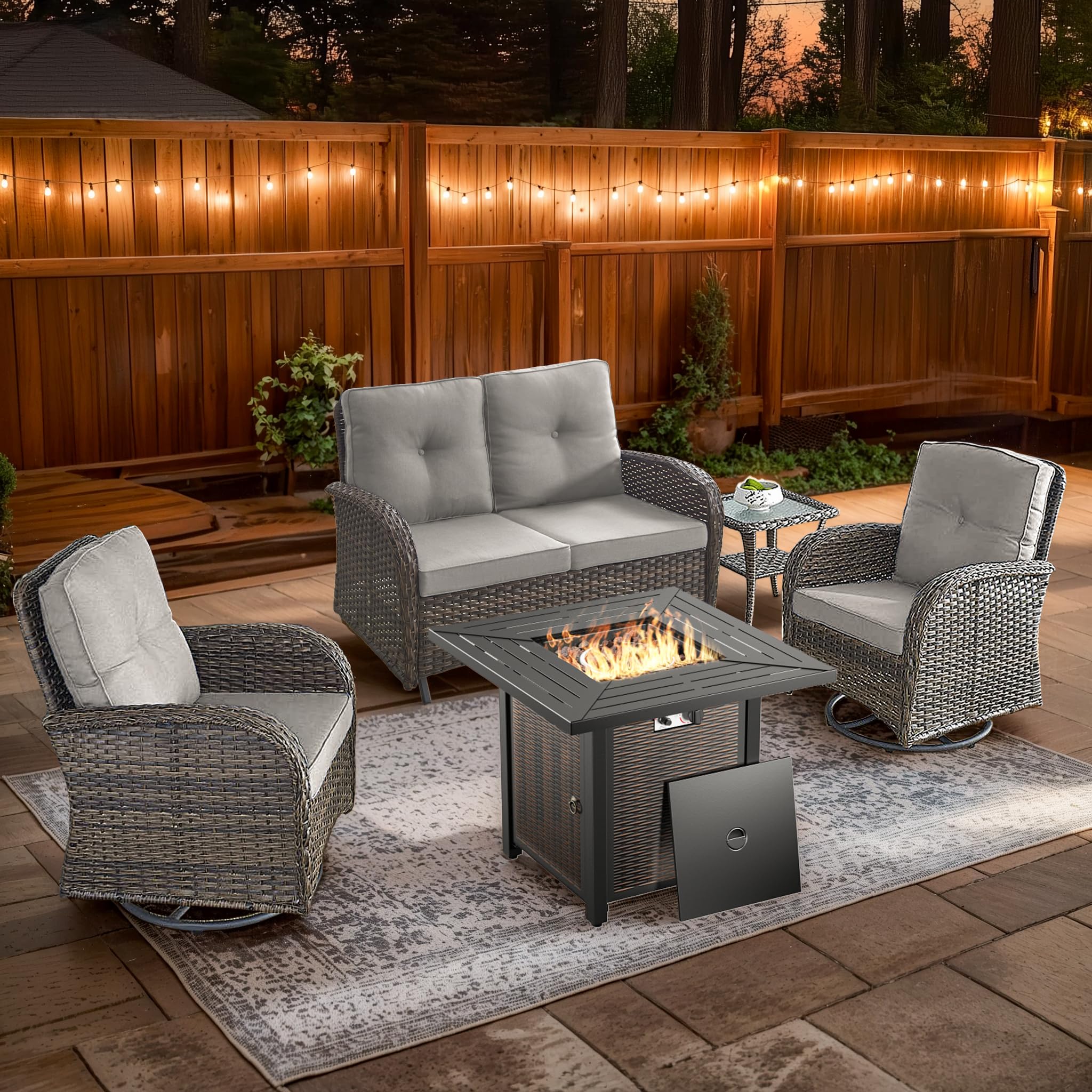 2 in 1 Porch Glider Swivel Chair - Wicker Patio Furniture Outdoor Swivel Rocker Chair with Thick Cushion, 300 Lb Weight Capacity Patio Swivel Glider Seating - Brown Wicker, Grey Cushion