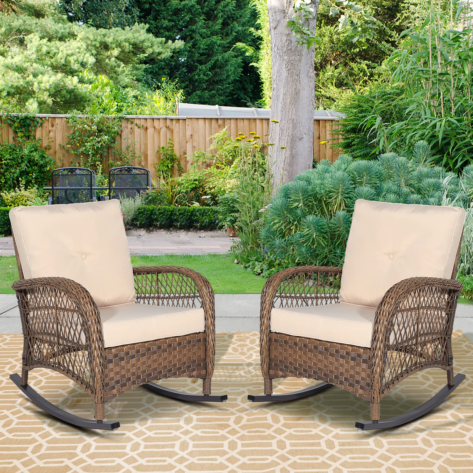Outdoor Wicker Oversized Rocking Chair, All Weather- Resistant Patio Rocking Chair for Garden Lawn, Patio Wicker Furniture Seat with 4” Thick Cushion, Orange