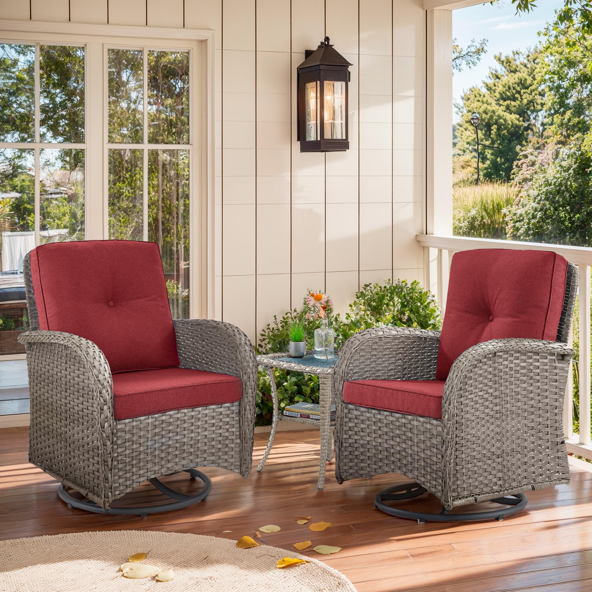 2 in 1 Porch Glider Swivel Chair - Wicker Patio Furniture Outdoor Swivel Rocker Chair with Thick Cushion, 300 Lb Weight Capacity Patio Swivel Glider Seating - Brown Wicker, Grey Cushion