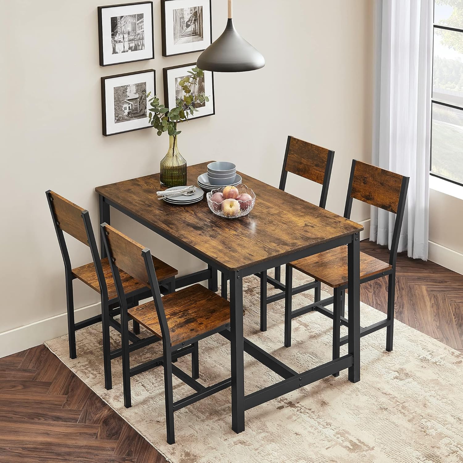 VASAGLE Dining Chair Set of 2, Rustic Wood Chairs with Metal Steel Frame, Easy to Assemble, Comfortable Seat, Modern Farmhouse Chair for Kitchen, Bedroom, Living Room, Rustic Brown and Ink Black